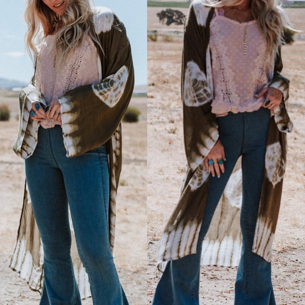 Tie-Dye Longline Kimono w/Full Sleeves Olive